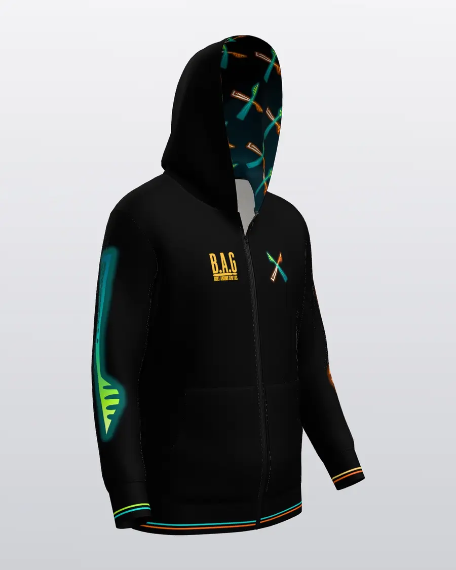 Fire & Foxfire Zip Hoodie, three quarter left