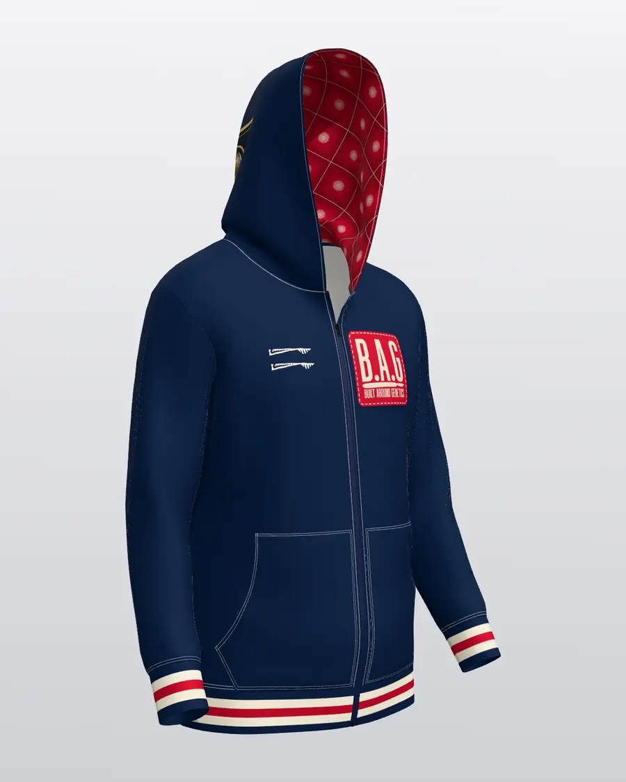 Crest Navy Zip Hoodie, three quarter