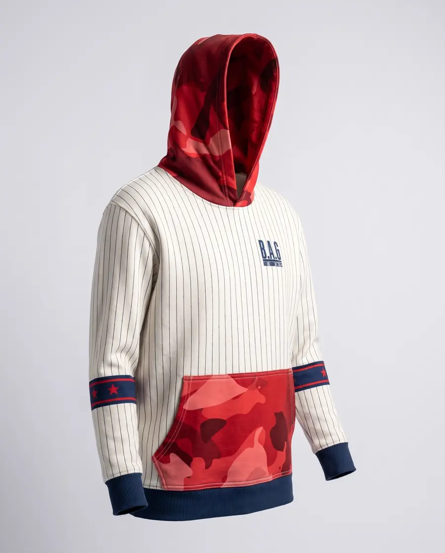 Pinstripe Jersey Hoodie, three quarter
